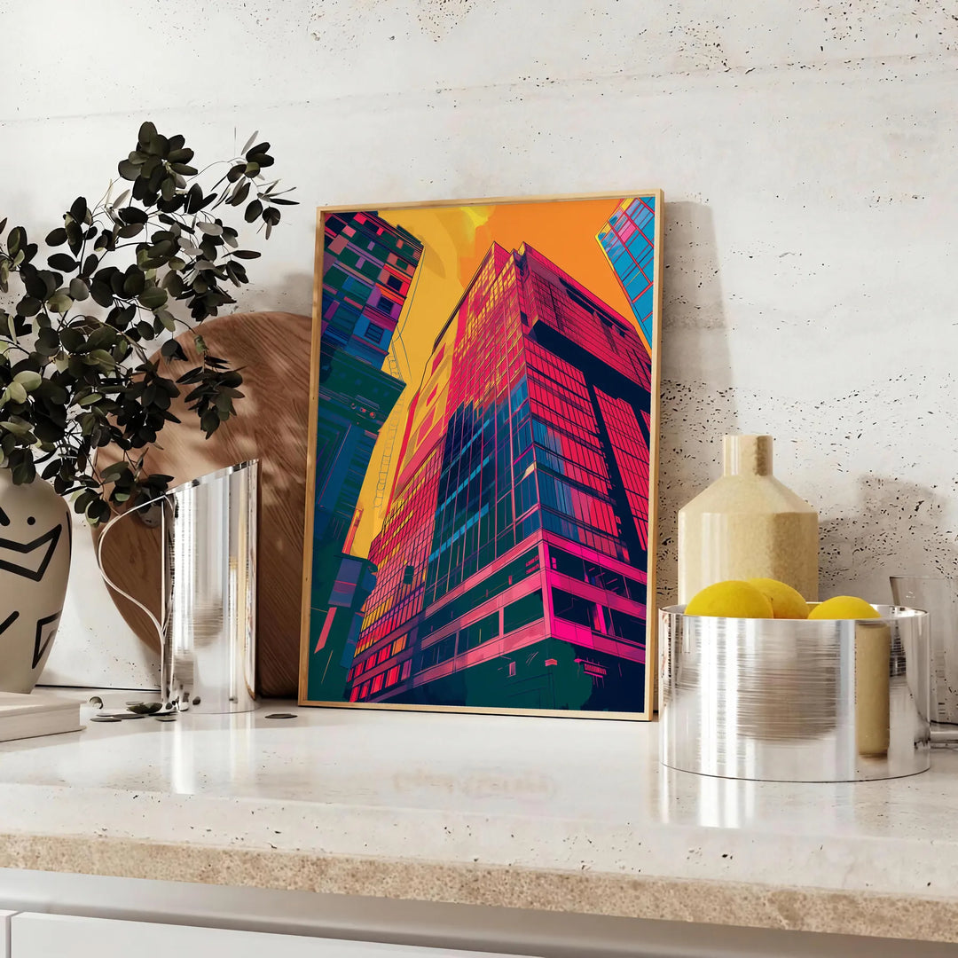 Dynamic pop art design with orange and blue hues, featuring abstract shapes - styled on a counter with eucalyptus and a bowl of lemons