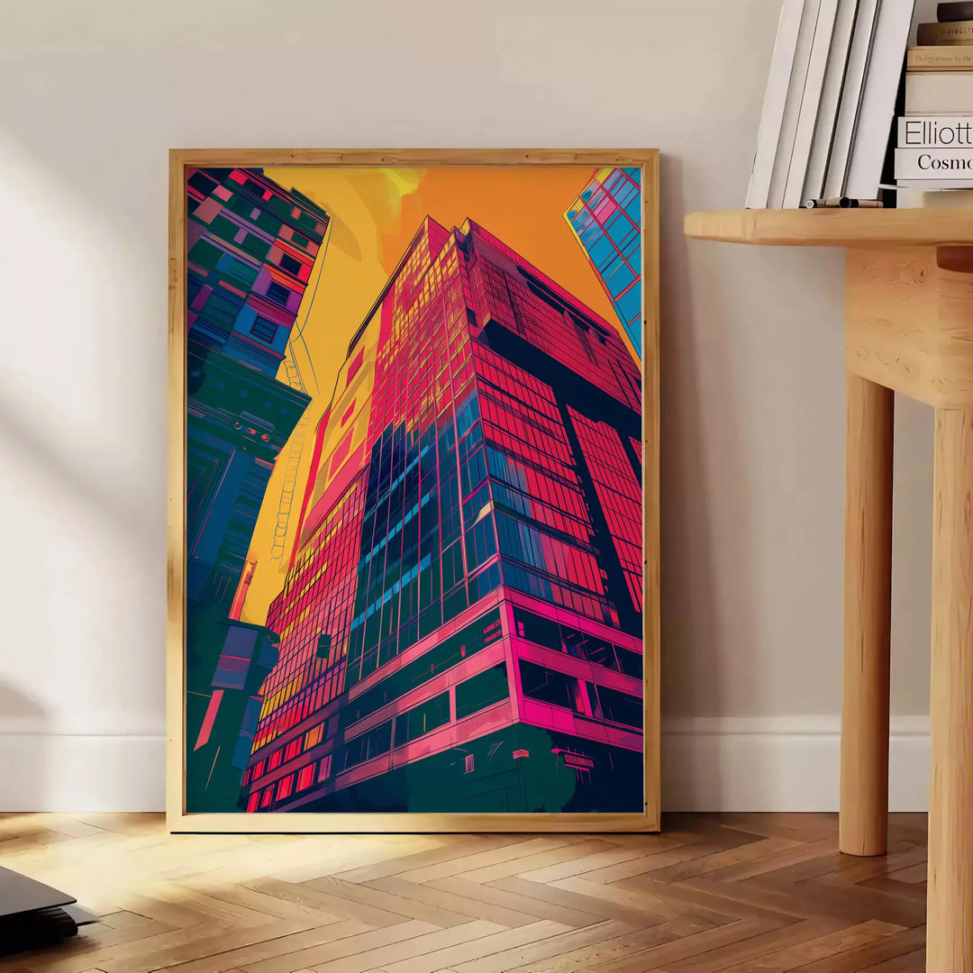 Dynamic pop art design with orange and blue hues, featuring abstract shapes - beside a round wooden side table with books
