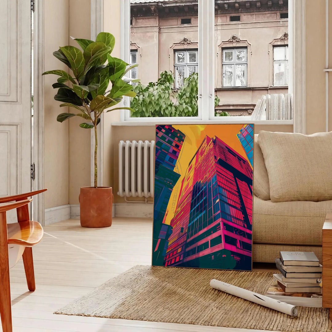 Dynamic pop art design with orange and blue hues, featuring abstract shapes - in a Parisian living room with a sofa and a fig plant