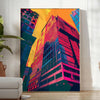 Dynamic pop art design with orange and blue hues, featuring abstract shapes - in a bright minimalist room with a plant and an armchair