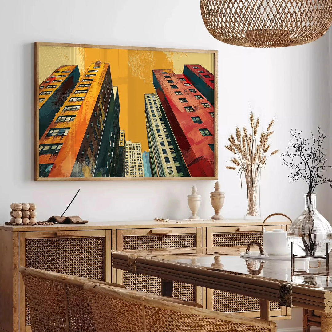 Bold black and orange pop art design featuring abstract shapes - in a Parisian living room with a sofa and a fig plant