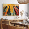 Bold black and orange pop art design featuring abstract shapes - in a Parisian living room with a sofa and a fig plant