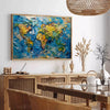 Colorful pop art design featuring bold green and blue hues - in a Parisian living room with a sofa and a fig plant