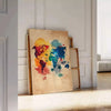 Pop Art poster featuring a dynamic space scene with rich brown and vivid orange tones - leaning on a herringbone floor against a white panelled wall
