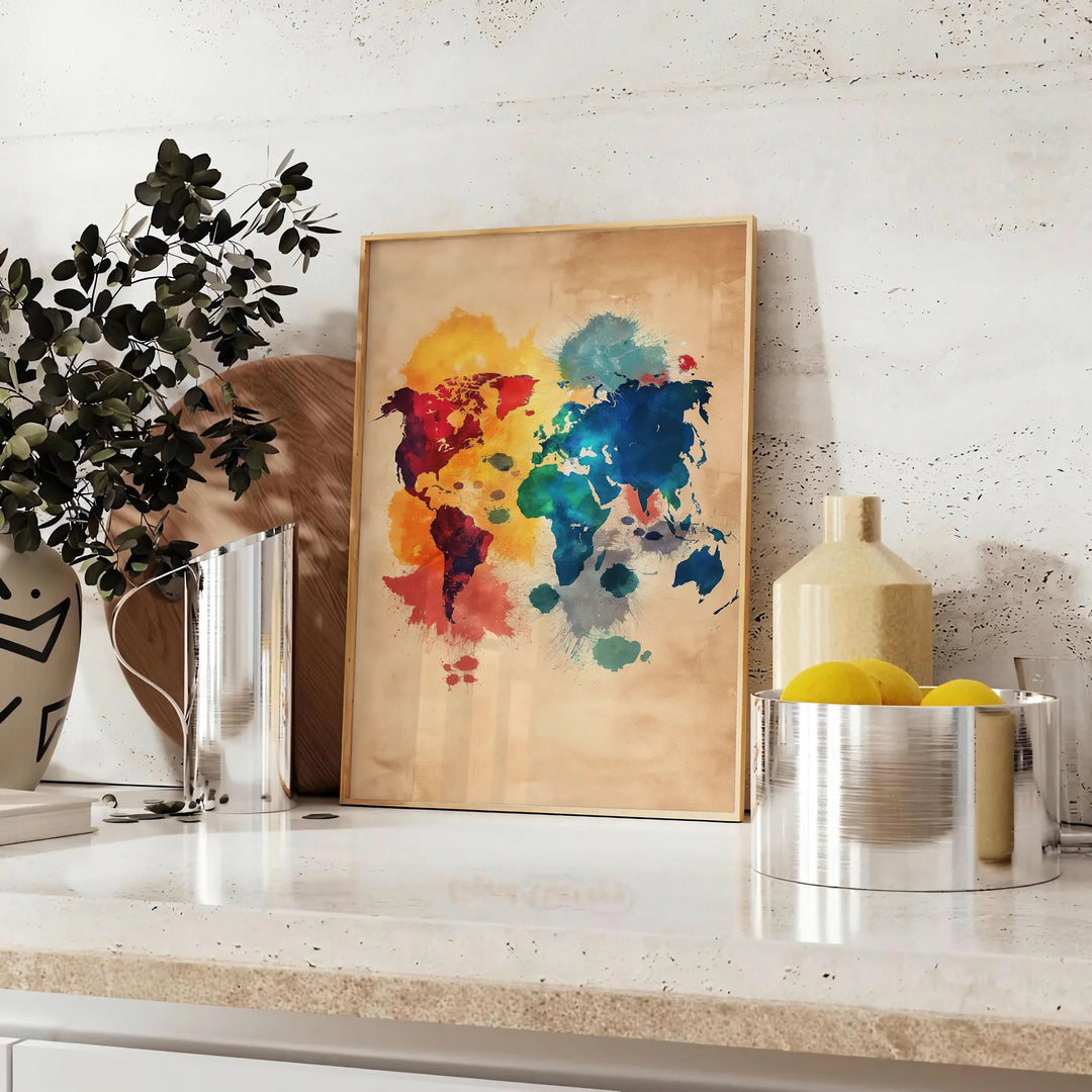 Pop Art poster featuring a dynamic space scene with rich brown and vivid orange tones - styled on a counter with eucalyptus and a bowl of lemons