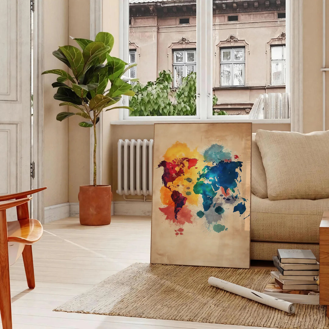 Pop Art poster featuring a dynamic space scene with rich brown and vivid orange tones - in a Parisian living room with a sofa and a fig plant
