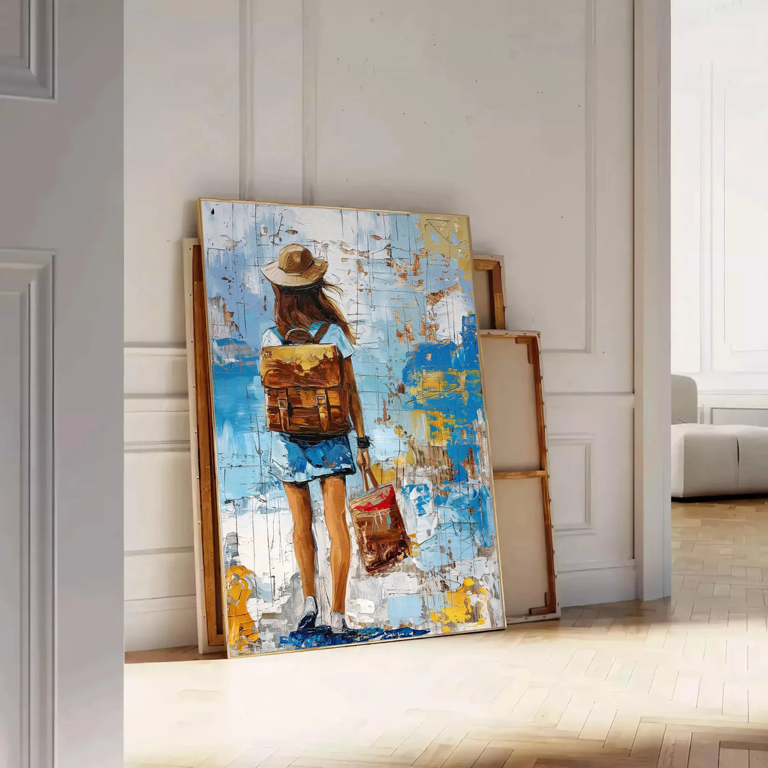 Bold pop art design featuring orange and blue colors - leaning on a herringbone floor against a white panelled wall