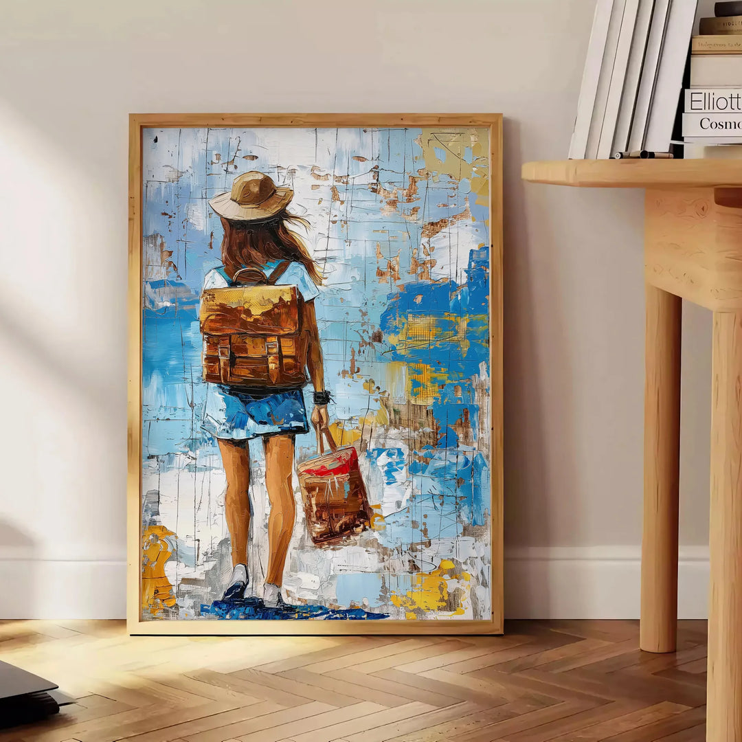 Bold pop art design featuring orange and blue colors - beside a round wooden side table with books