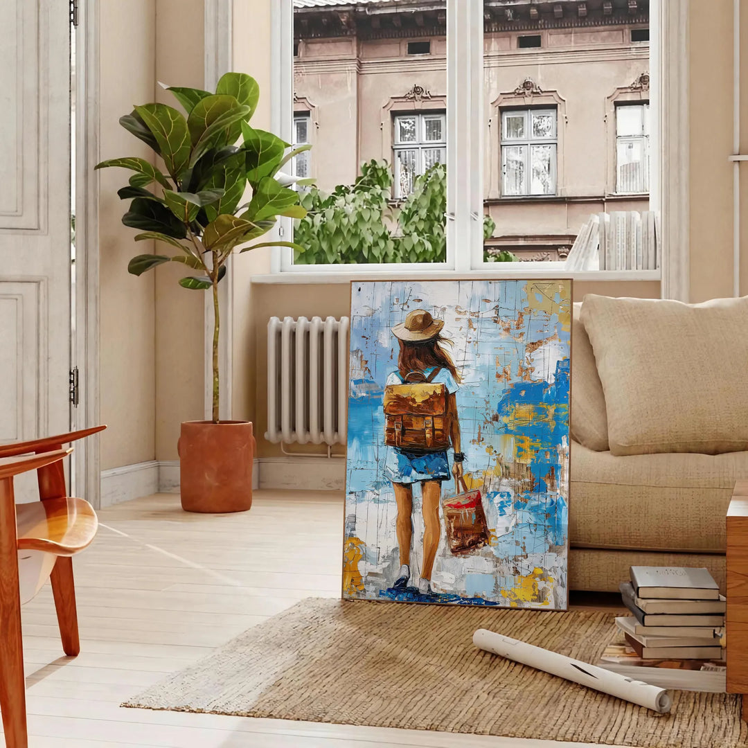 Bold pop art design featuring orange and blue colors - in a Parisian living room with a sofa and a fig plant