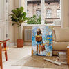 Bold pop art design featuring orange and blue colors - in a Parisian living room with a sofa and a fig plant