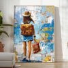 Bold pop art design featuring orange and blue colors - in a bright minimalist room with a plant and an armchair