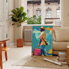 Pop Art style illustration with gray and black tones featuring abstract shapes - in a Parisian living room with a sofa and a fig plant