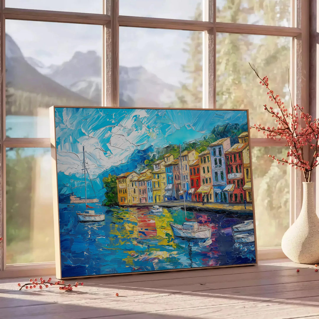 Design de arte pop colorido com formas abstratas em tons de cinza e verde - ao lado de uma mesa de apoio redonda em madeira com livros