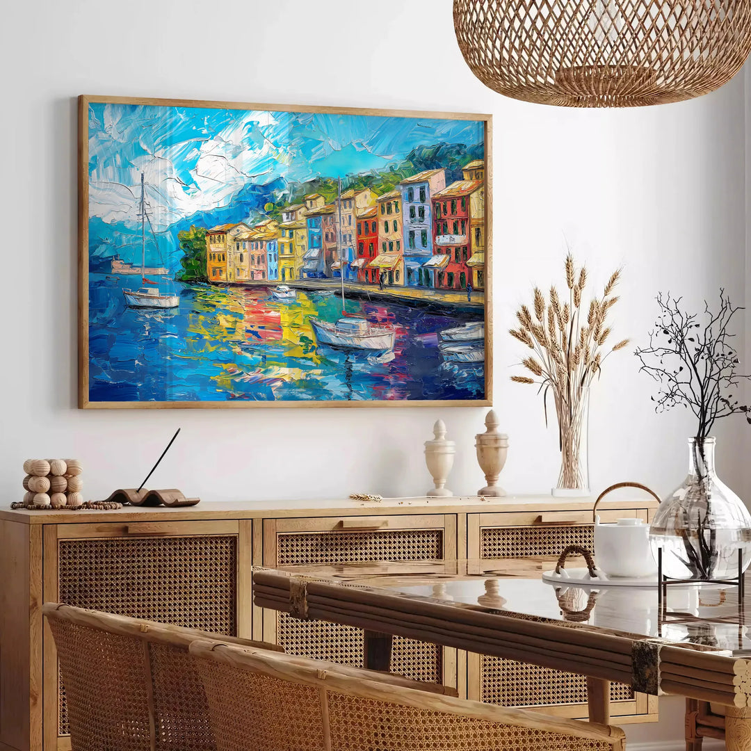 Design de arte pop colorido com formas abstratas em tons de cinza e verde - numa sala parisiense com sofá e um ficus