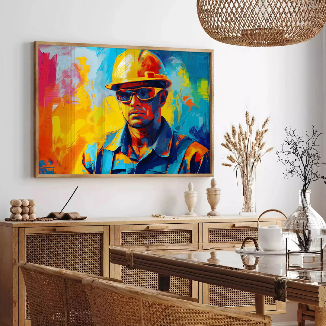 Colorful pop art design with bold orange and blue elements - in a Parisian living room with a sofa and a fig plant
