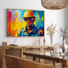 Colorful pop art design with bold orange and blue elements - in a Parisian living room with a sofa and a fig plant