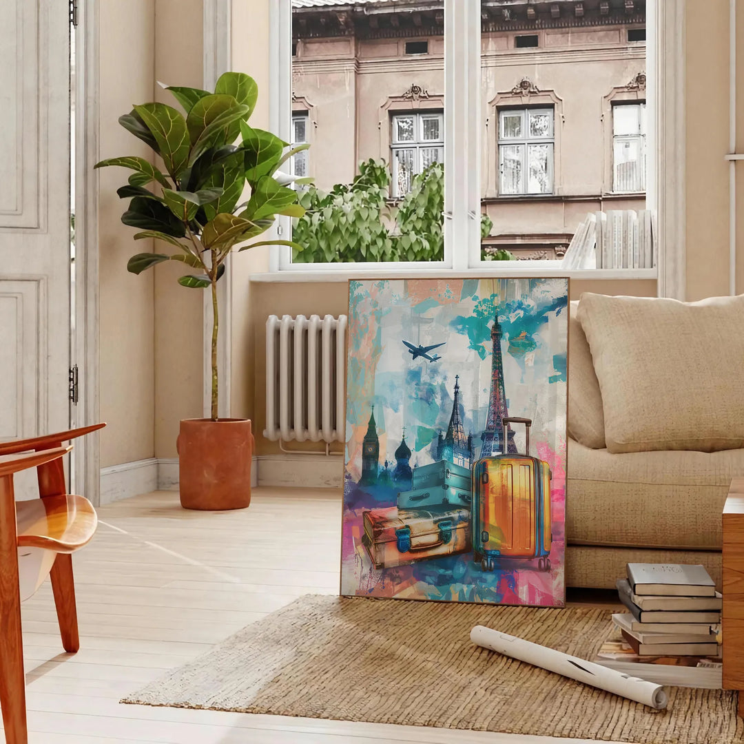 Pop art depiction of an eye with green and blue tones - in a Parisian living room with a sofa and a fig plant