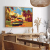 Bold pop art design featuring striking black and orange colors - in a Parisian living room with a sofa and a fig plant