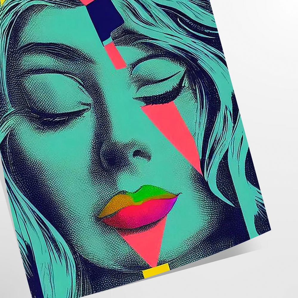 Colorful pop art depiction of a woman with orange and green tones