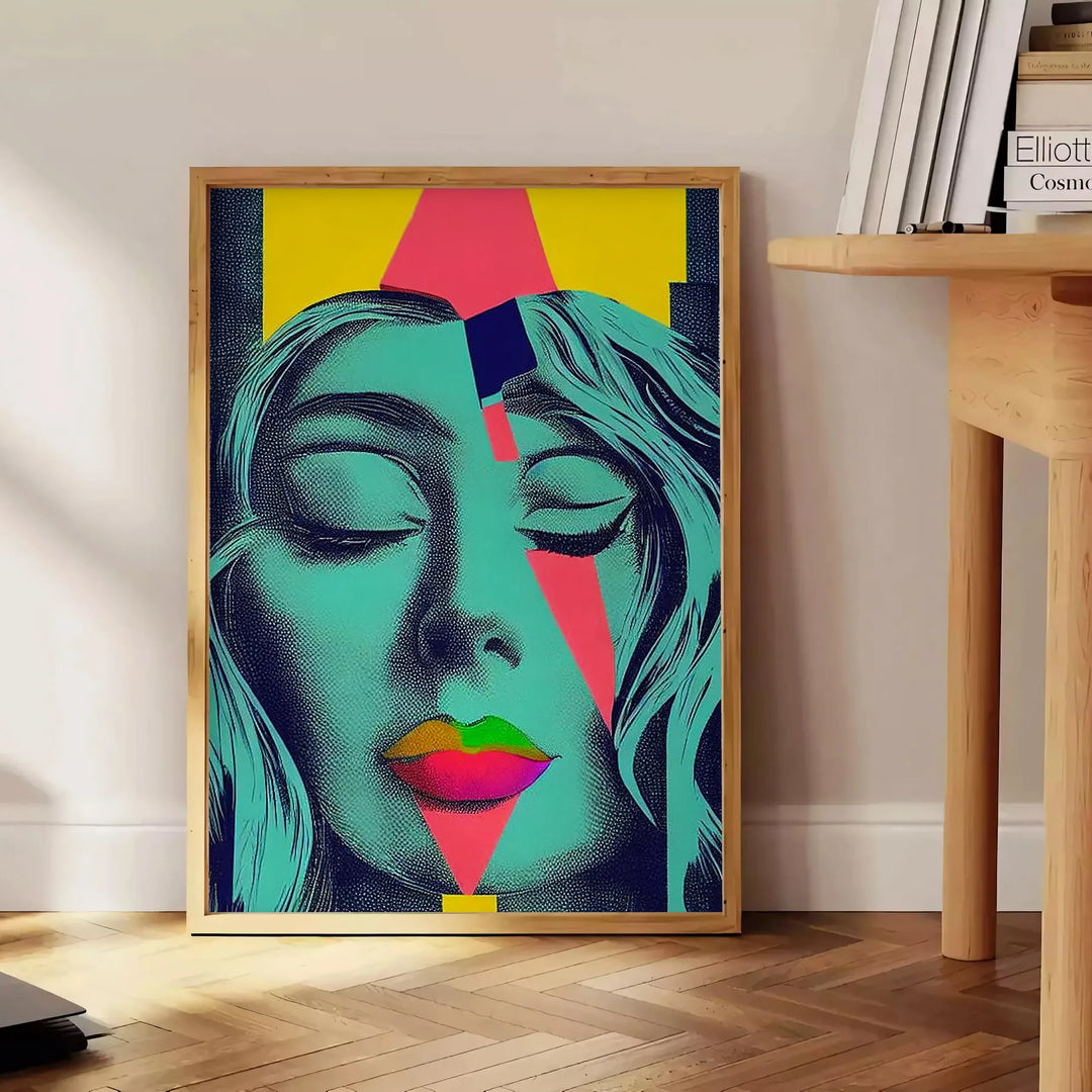 Colorful pop art depiction of a woman with orange and green tones - beside a round wooden side table with books