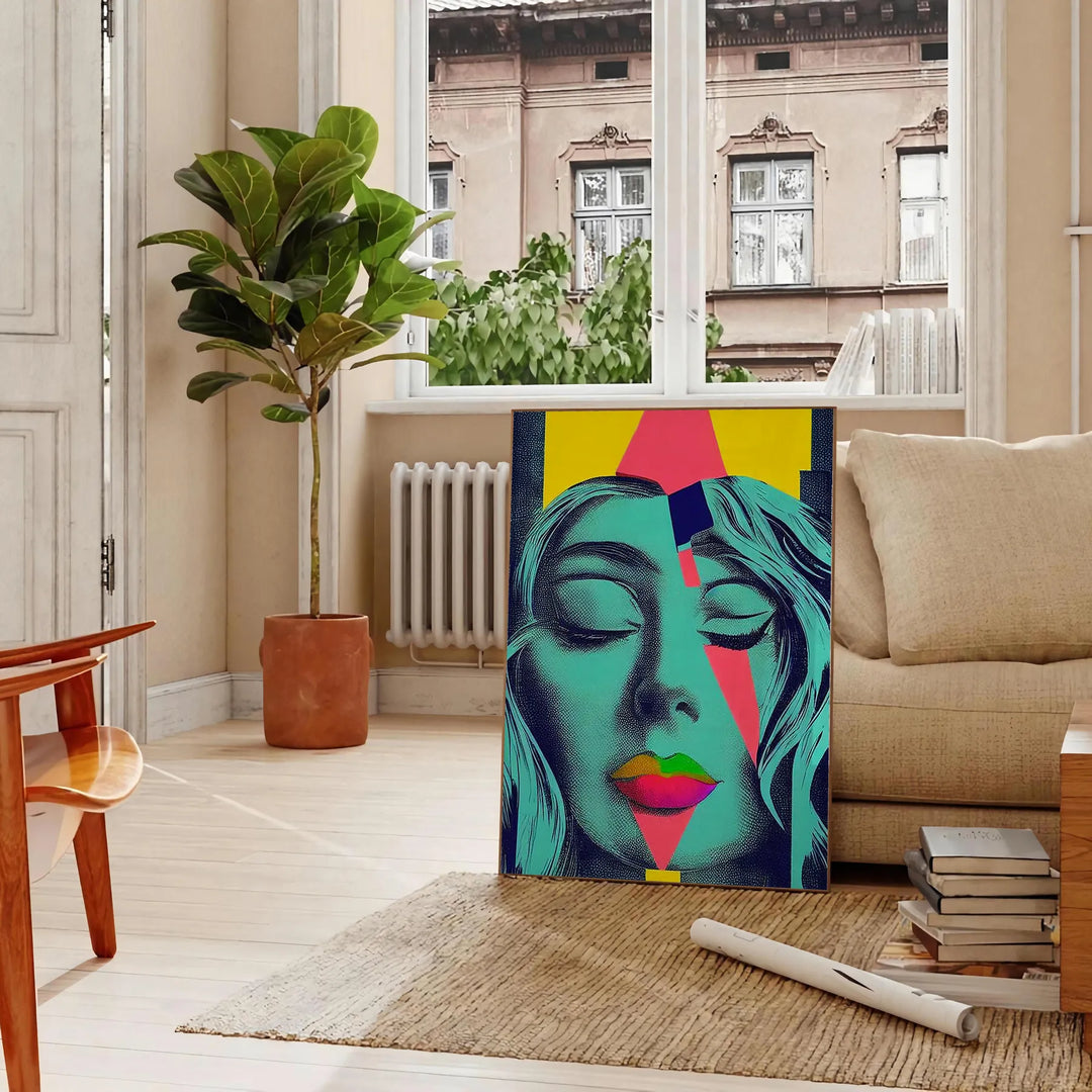 Colorful pop art depiction of a woman with orange and green tones - in a Parisian living room with a sofa and a fig plant
