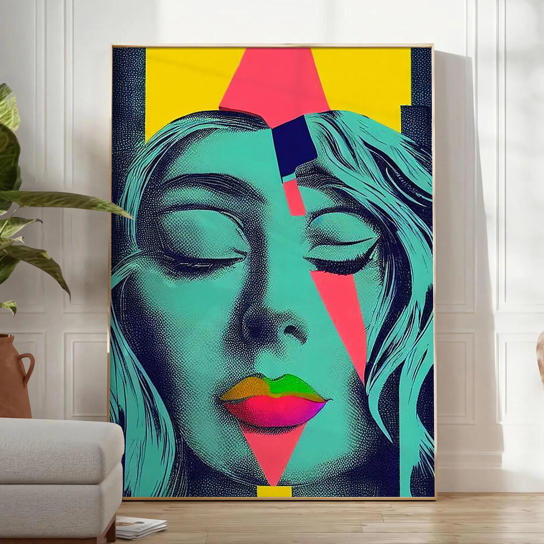 Colorful pop art depiction of a woman with orange and green tones - in a bright minimalist room with a plant and an armchair