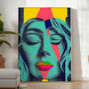 Colorful pop art depiction of a woman with orange and green tones - in a bright minimalist room with a plant and an armchair