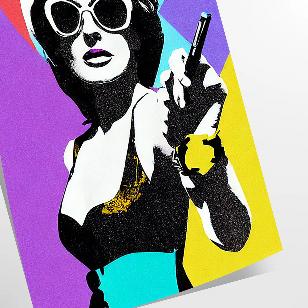A stylized portrait of a woman with bold orange and purple colors