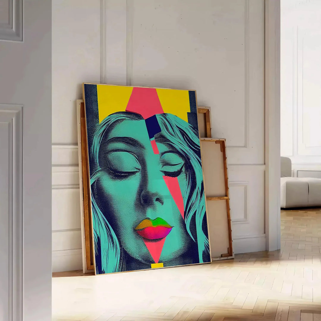 A stylized portrait of a woman with bold orange and purple colors - leaning on a herringbone floor against a white panelled wall