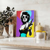 A stylized portrait of a woman with bold orange and purple colors - styled on a counter with eucalyptus and a bowl of lemons