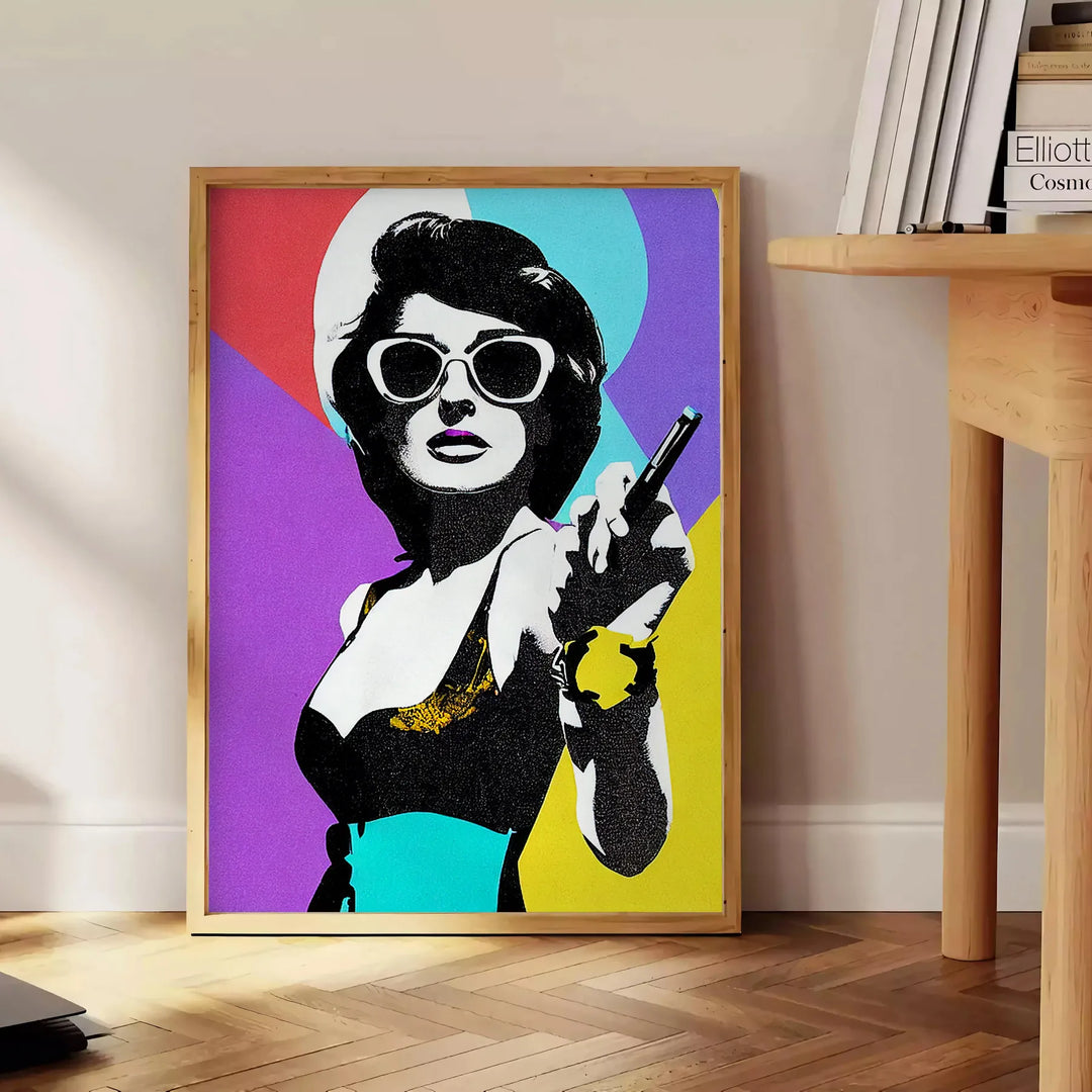 A stylized portrait of a woman with bold orange and purple colors - beside a round wooden side table with books