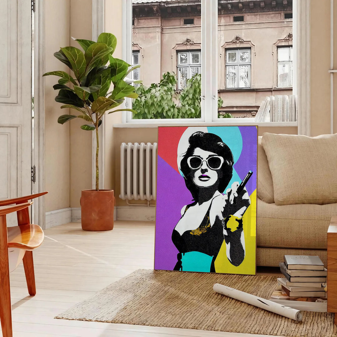 A stylized portrait of a woman with bold orange and purple colors - in a Parisian living room with a sofa and a fig plant