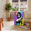 A stylized portrait of a woman with bold orange and purple colors - in a Parisian living room with a sofa and a fig plant
