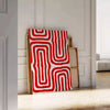 Abstract space scene with bold orange and red tones - leaning on a herringbone floor against a white panelled wall