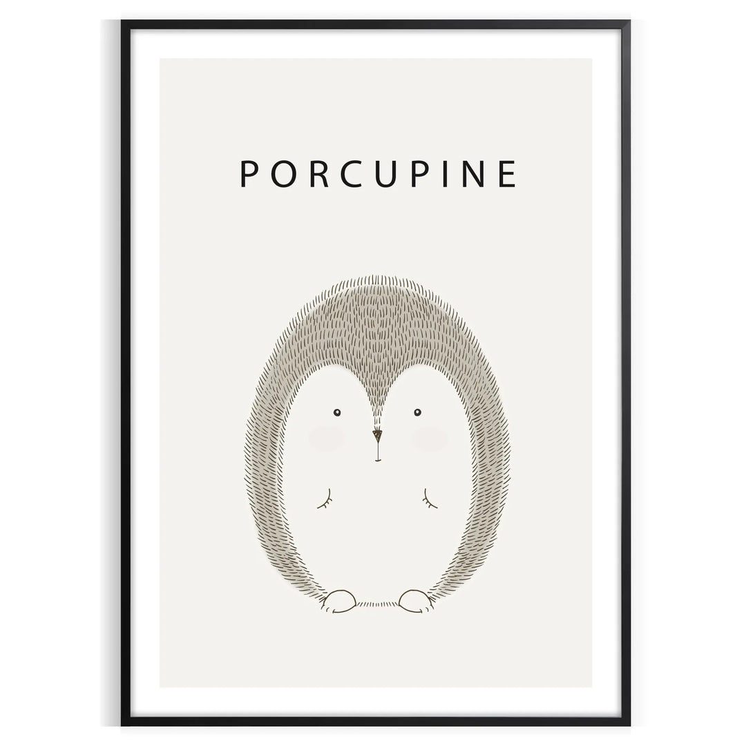 A detailed illustration of a porcupine in gray and white tones