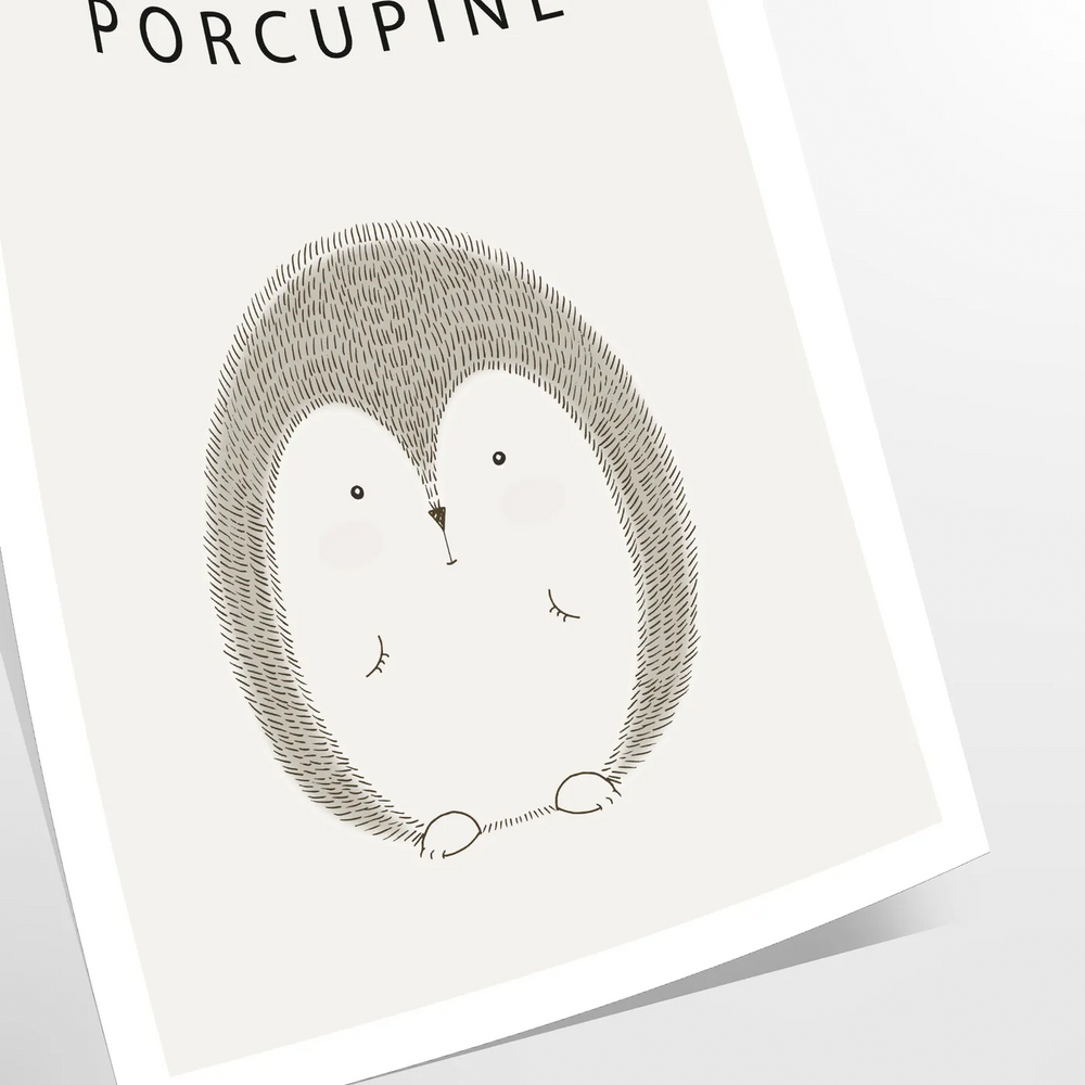A detailed illustration of a porcupine in gray and white tones