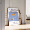 Illustration of a Pornstar Martini cocktail with orange and blue hues - leaning on a herringbone floor against a white panelled wall