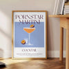 Illustration of a Pornstar Martini cocktail with orange and blue hues - beside a round wooden side table with books