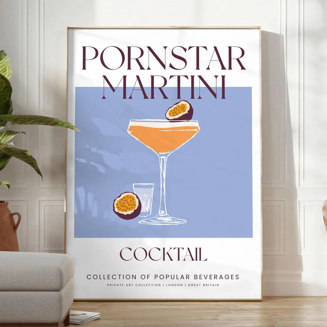 Illustration of a Pornstar Martini cocktail with orange and blue hues - in a bright minimalist room with a plant and an armchair