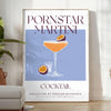 Illustration of a Pornstar Martini cocktail with orange and blue hues - in a bright minimalist room with a plant and an armchair