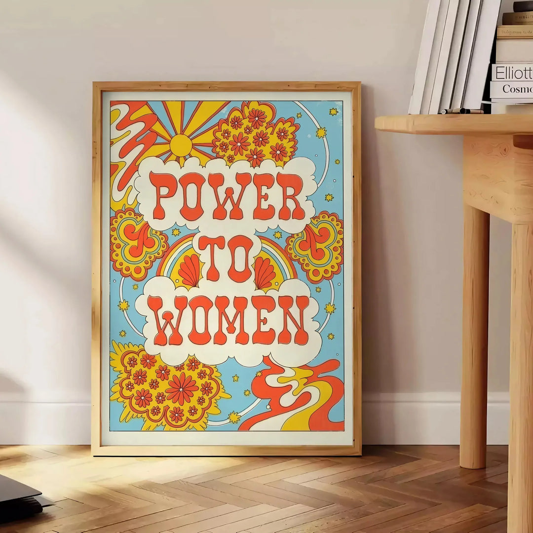 Design abstrait coloré célébrant l'autonomisation des femmes avec des formes groovy - à côté d'une table d'appoint ronde en bois avec des livres