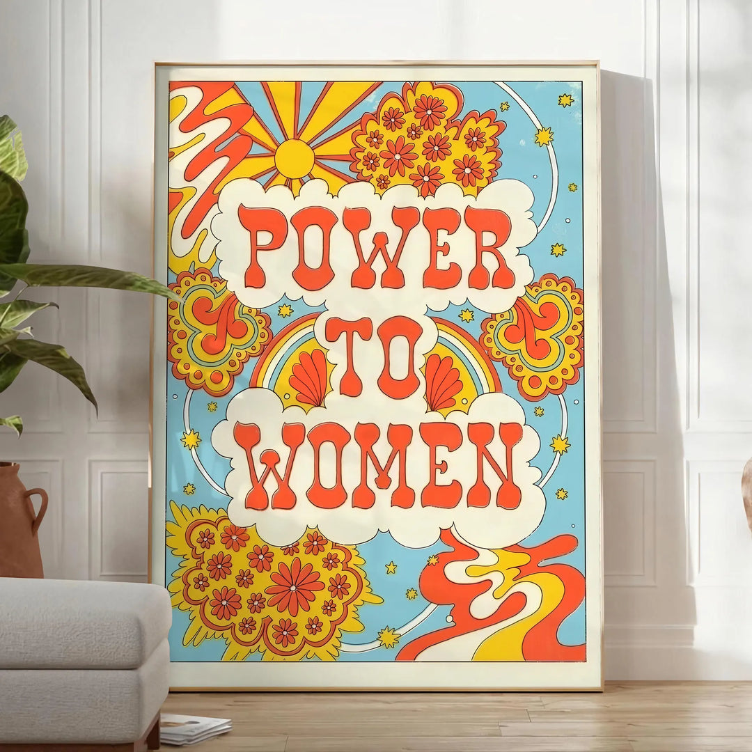 Design abstrait coloré célébrant l'autonomisation des femmes avec des formes groovy - dans une pièce lumineuse épurée avec plante et fauteuil