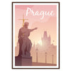 Un'illustrazione dettagliata dello skyline di Praga con architettura storica in tonalità marroni e grigie - in una cornice in noce