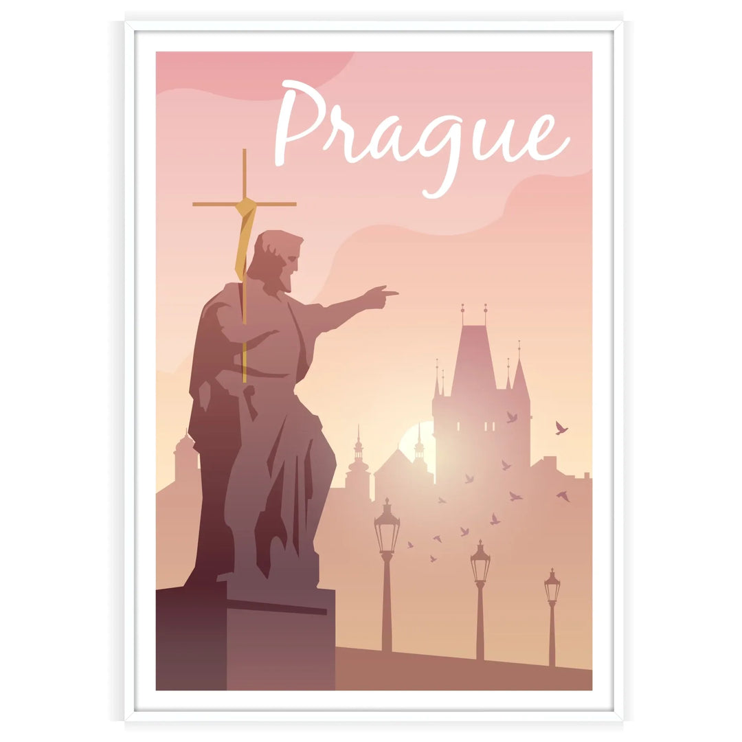 Un'illustrazione dettagliata dello skyline di Praga con architettura storica in tonalità marroni e grigie - in una cornice bianca