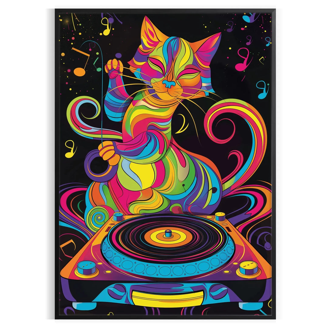 A colorful psychedelic cat DJ with swirling patterns and vibrant hues