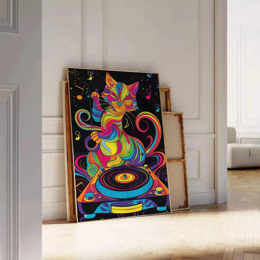 Un gato DJ psicodélico colorido con patrones en espiral y tonos vibrantes - apoyado en un suelo de espiga contra una pared de molduras