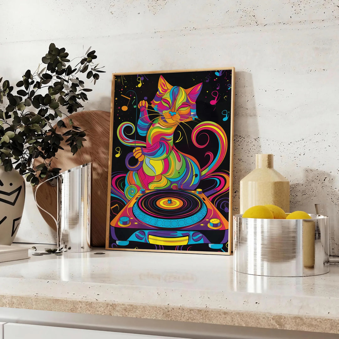 Un gato DJ psicodélico colorido con patrones en espiral y tonos vibrantes - sobre una encimera con eucalipto y un cuenco de limones