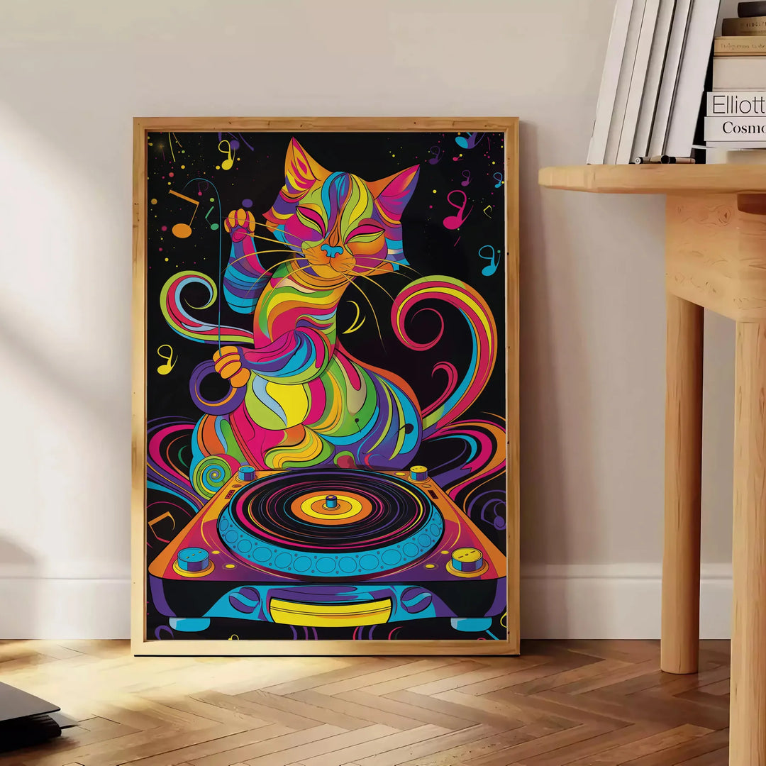 Un gato DJ psicodélico colorido con patrones en espiral y tonos vibrantes - junto a una mesa auxiliar redonda de madera con libros