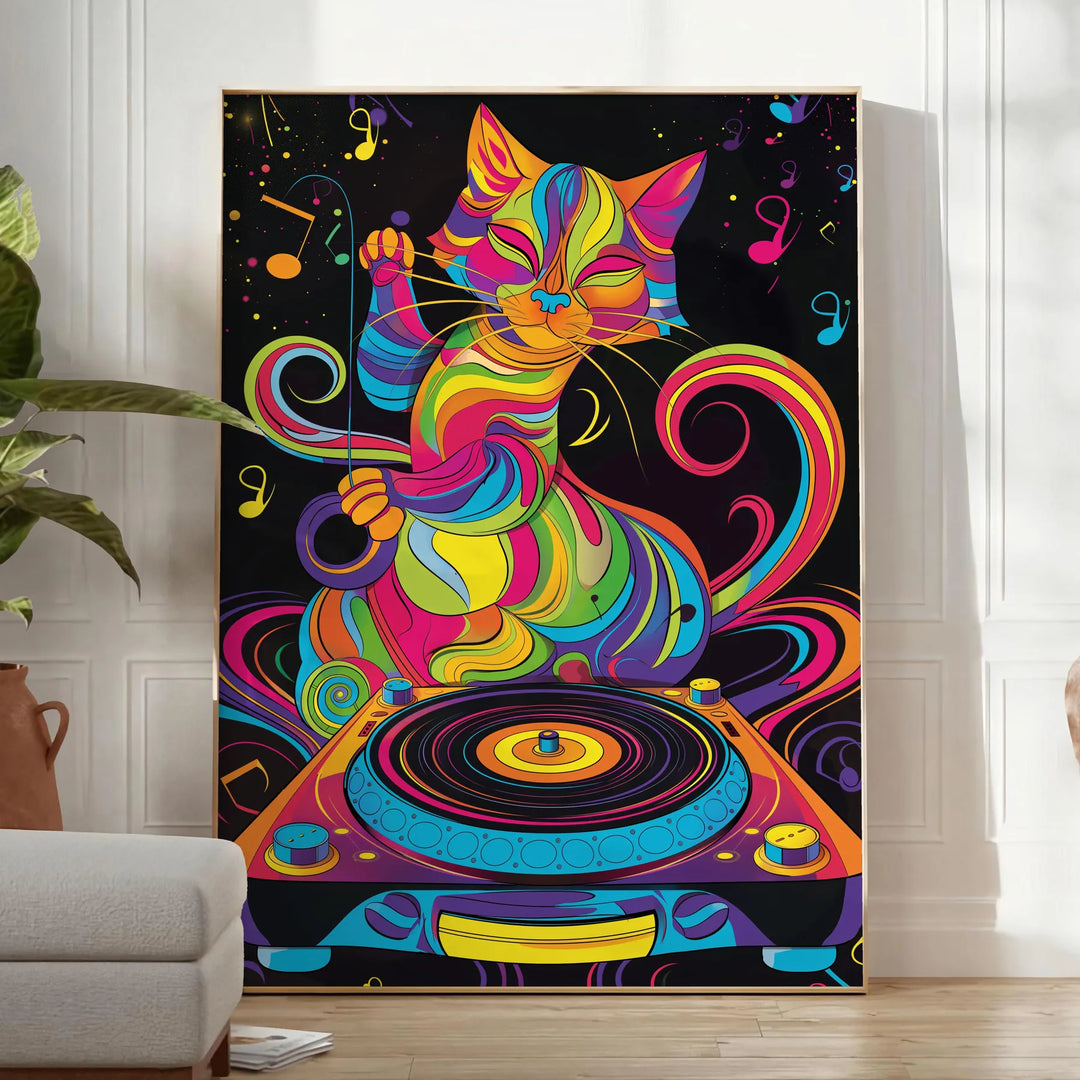 Un gato DJ psicodélico colorido con patrones en espiral y tonos vibrantes - en una habitación luminosa y minimalista con planta y sillón