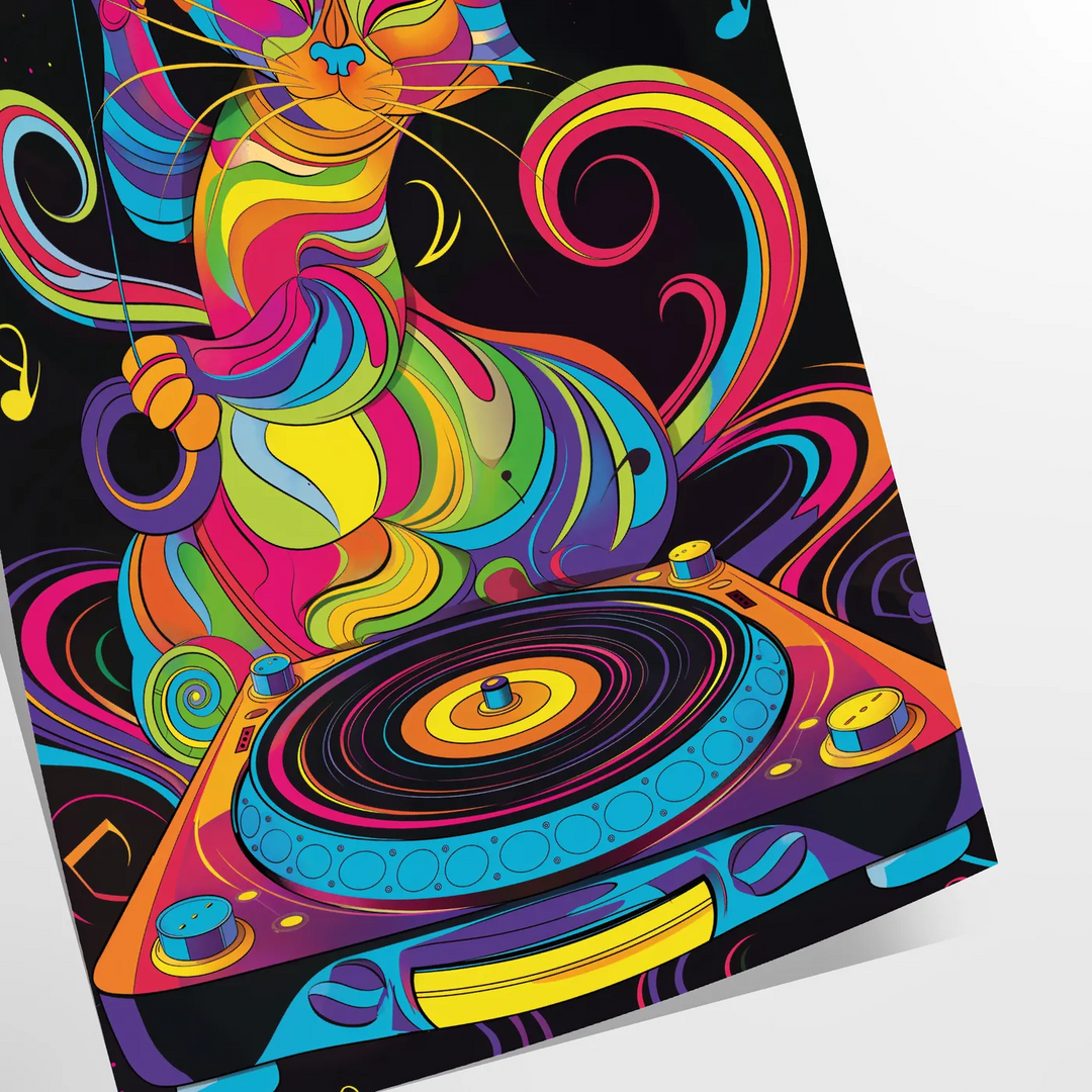 Un gato DJ psicodélico colorido con patrones en espiral y tonos vibrantes - como impresión enrollada, sin marco